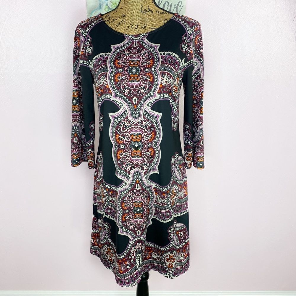 INC International Concepts Scroll Print Rhinestone Shift Dress Black Pink Medium